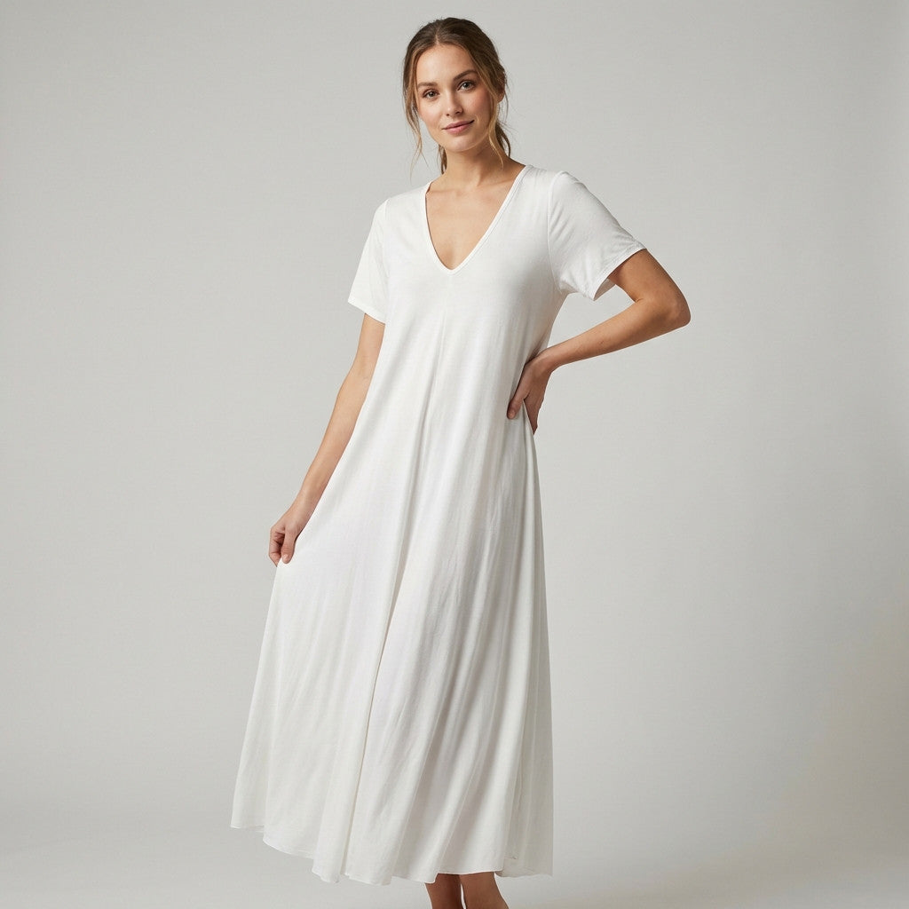 Flared V-Neck Dress Short Sleeve Maxi 100% Viscose