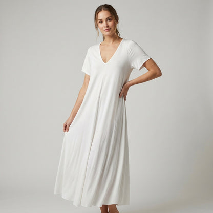 Flared V-Neck Dress Short Sleeve Maxi 100% Viscose