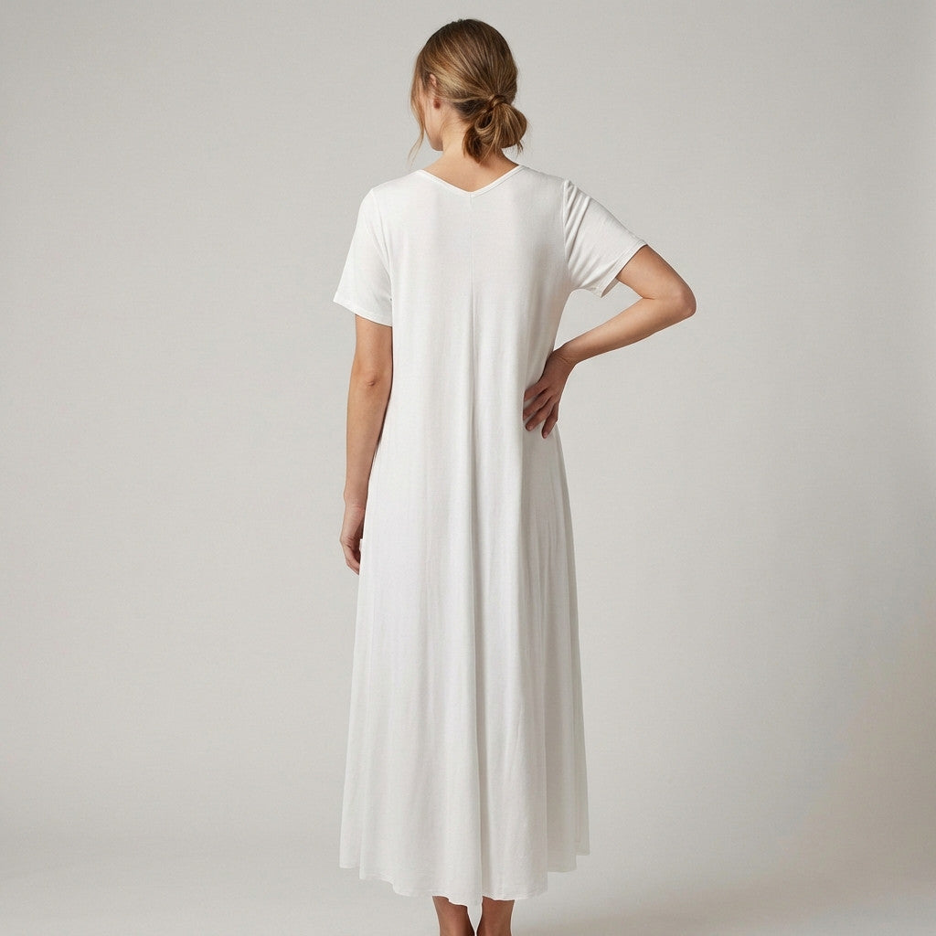 Flared V-Neck Dress Short Sleeve Maxi 100% Viscose