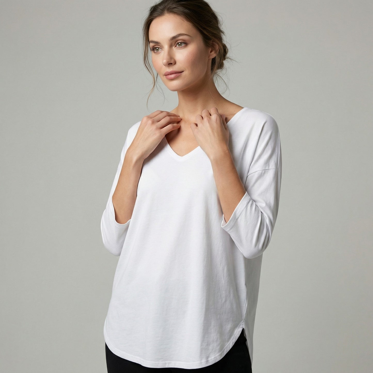 T-Shirt Large Col V Manche 3/4 Pans Arrondis 95% Coton