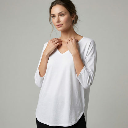 T-Shirt Large Col V Manche 3/4 Pans Arrondis 95% Coton