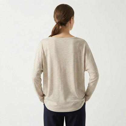 T-Shirt Large Col Rond Motif Marinière Emmanchures Tombantes 95% Viscose