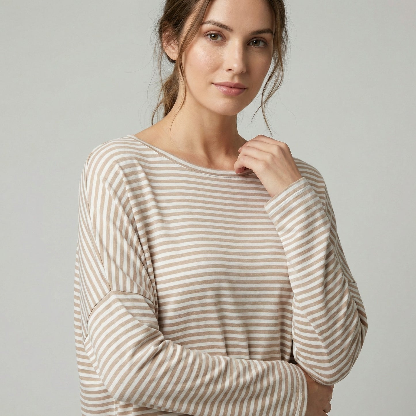 T-Shirt Large Col Rond Motif Marinière Emmanchures Tombantes 95% Viscose