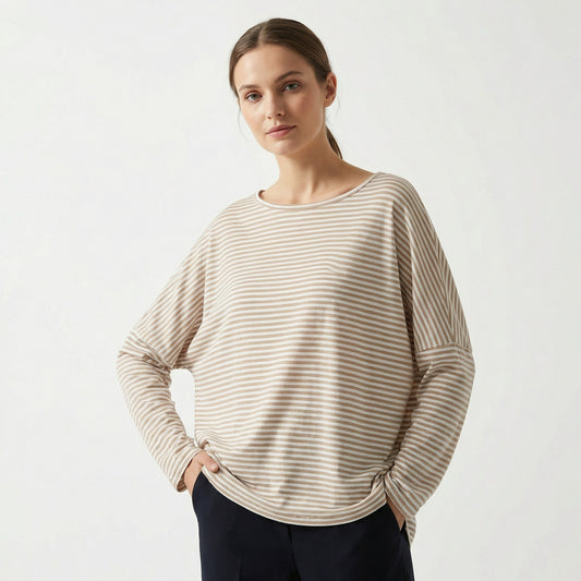 T-Shirt Large Col Rond Motif Marinière Emmanchures Tombantes 95% Viscose