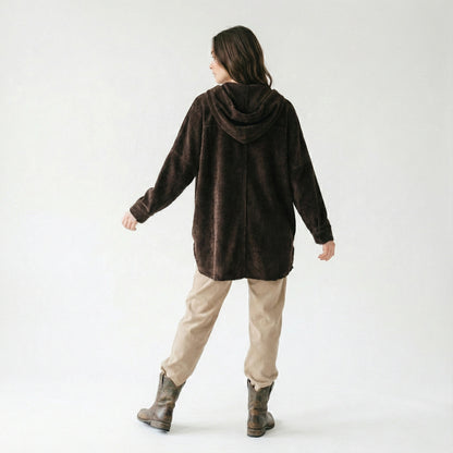 Large Zip-Up Hoodie with Distressed Effect and Pleated Velvet
