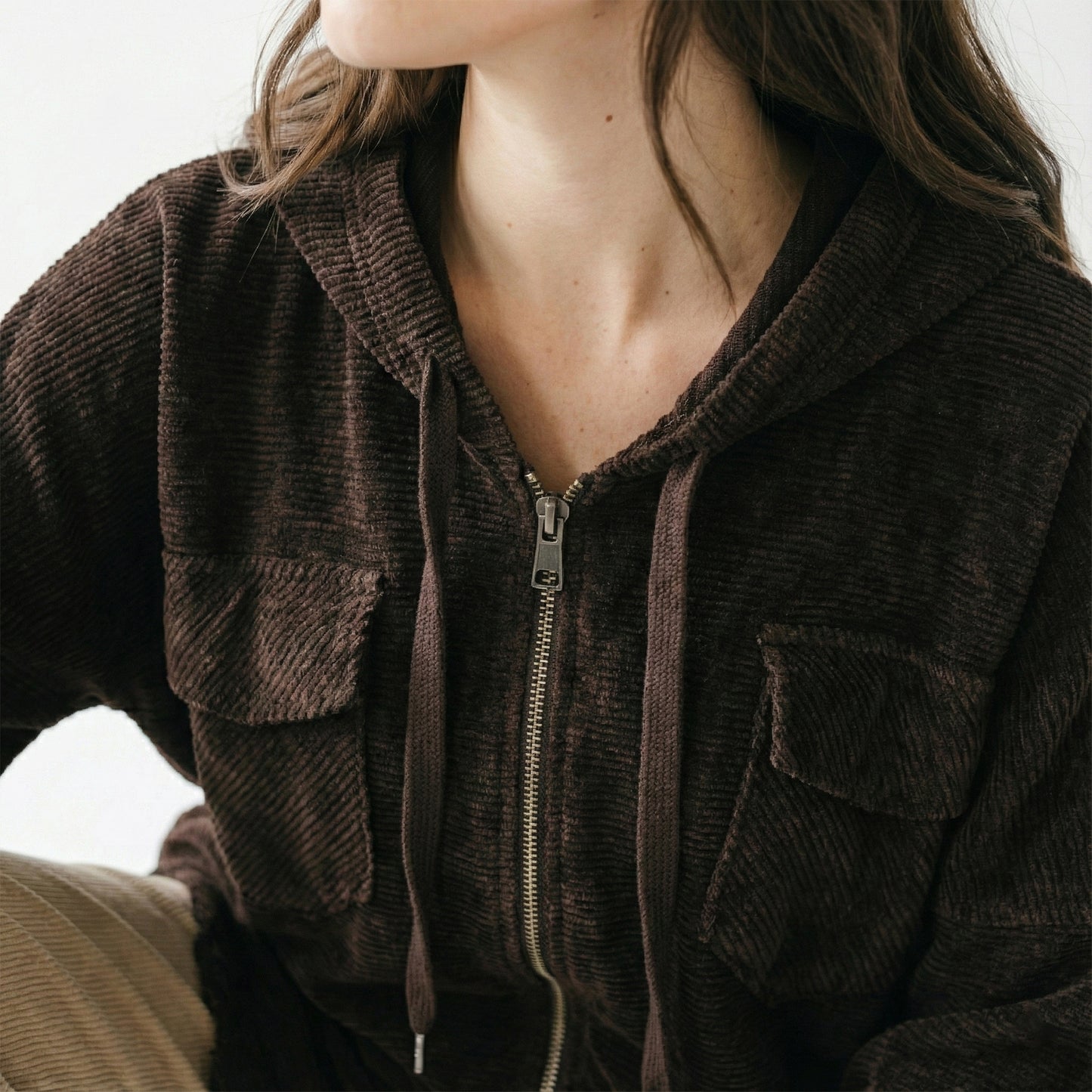 Large Zip-Up Hoodie with Distressed Effect and Pleated Velvet