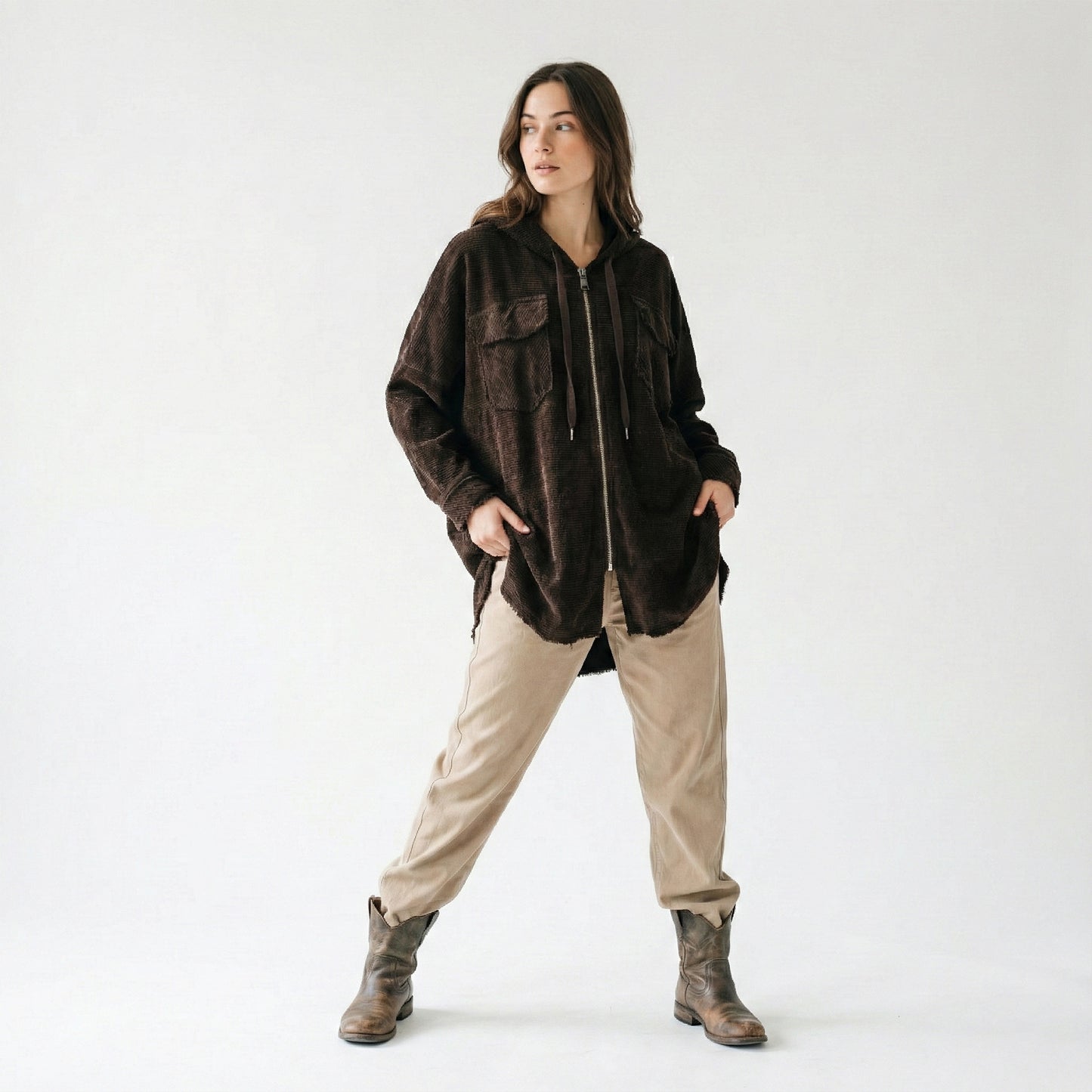 Large Zip-Up Hoodie with Distressed Effect and Pleated Velvet