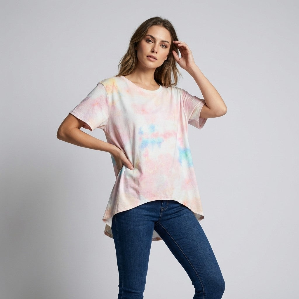 T-Shirt High Low Motif Tie & Dye Aquarelle 100% Coton