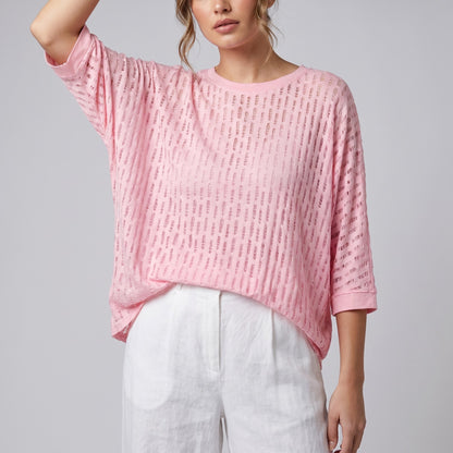 T-Shirt Large Manche 3/4 Motif Ajouré Déchiré 100% Viscose