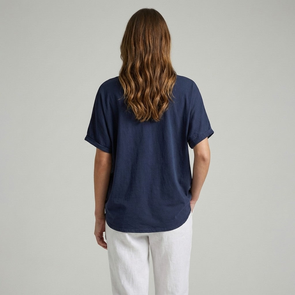 T-Shirt Large Manche Chauve Souris Courte Col V 100% Coton