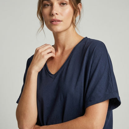 T-Shirt Large Manche Chauve Souris Courte Col V 100% Coton