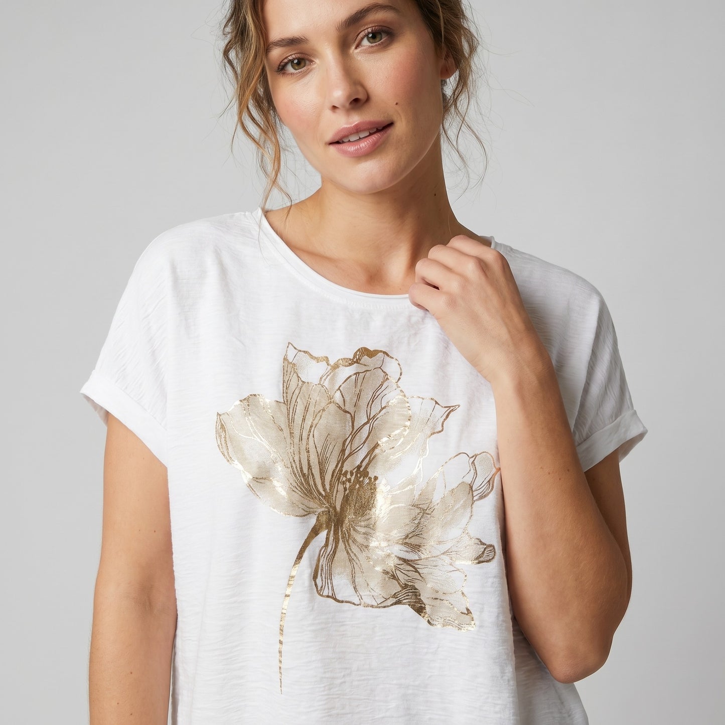 T-Shirt Large Cordon De Serrage Motif Fleur Dorure 50% Coton