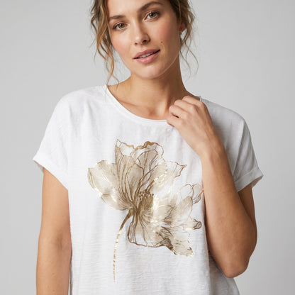 T-Shirt Large Cordon De Serrage Motif Fleur Dorure 50% Coton