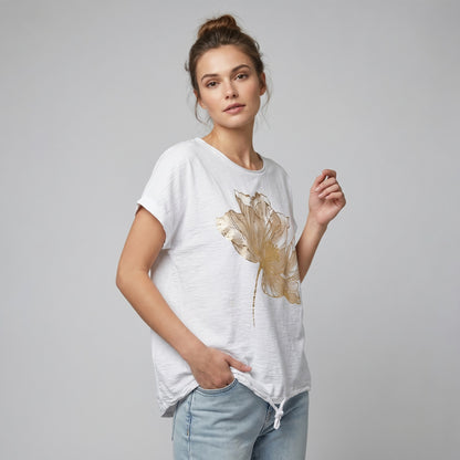 T-Shirt Large Cordon De Serrage Motif Fleur Dorure 50% Coton