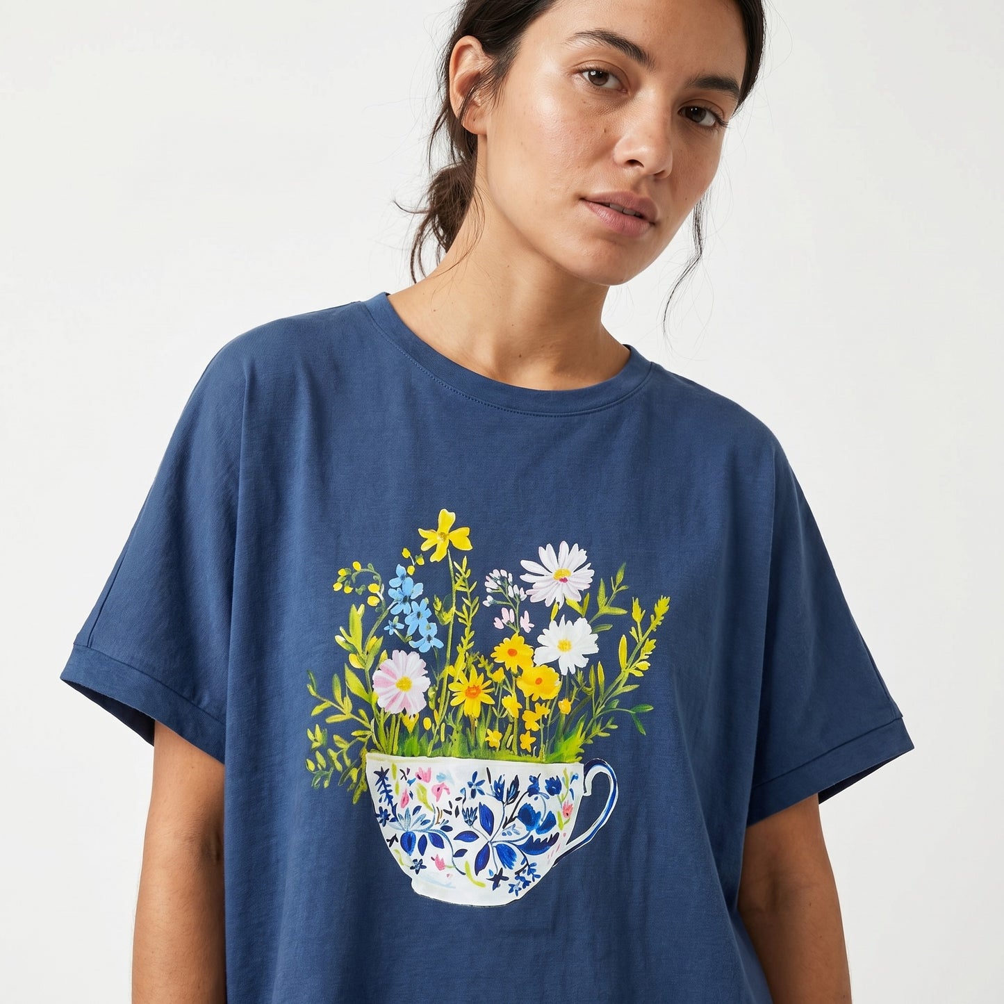 T-Shirt Large Manche Courte Motif Tasse Fleurie 100% Coton
