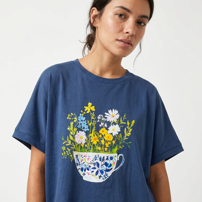 T-Shirt Large Manche Courte Motif Tasse Fleurie 100% Coton