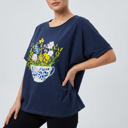 T-Shirt Large Manche Courte Motif Tasse Fleurie 100% Coton