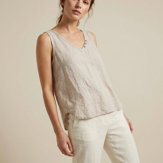 Débardeur Col V à Boutons Bi-Matière 50% Lin 50% Coton