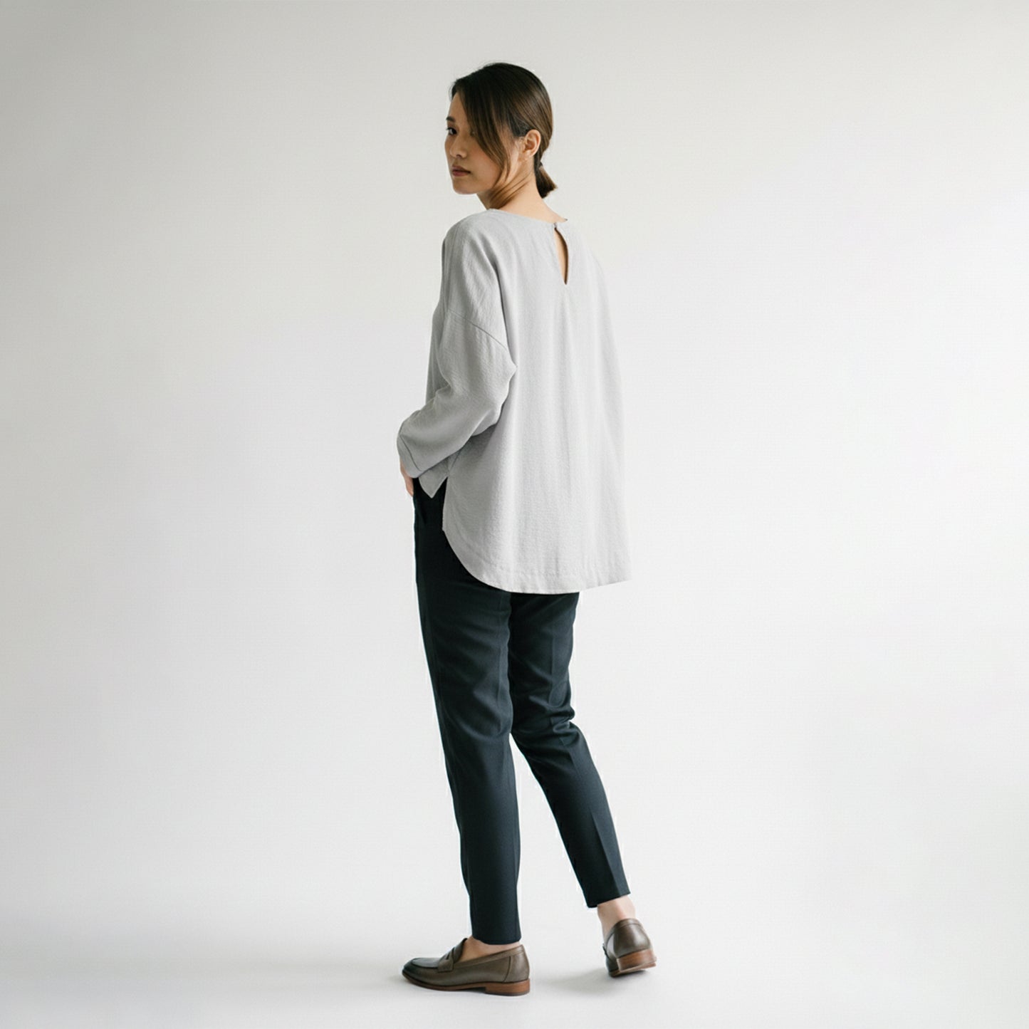 Long Sleeve Cropped T-Shirt with Slit and Back Teardrop Collar