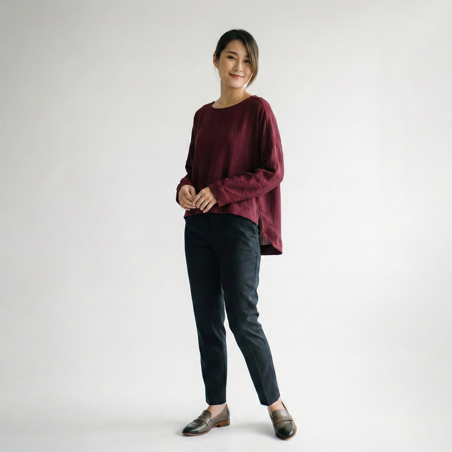 Long Sleeve Cropped T-Shirt with Slit and Back Teardrop Collar