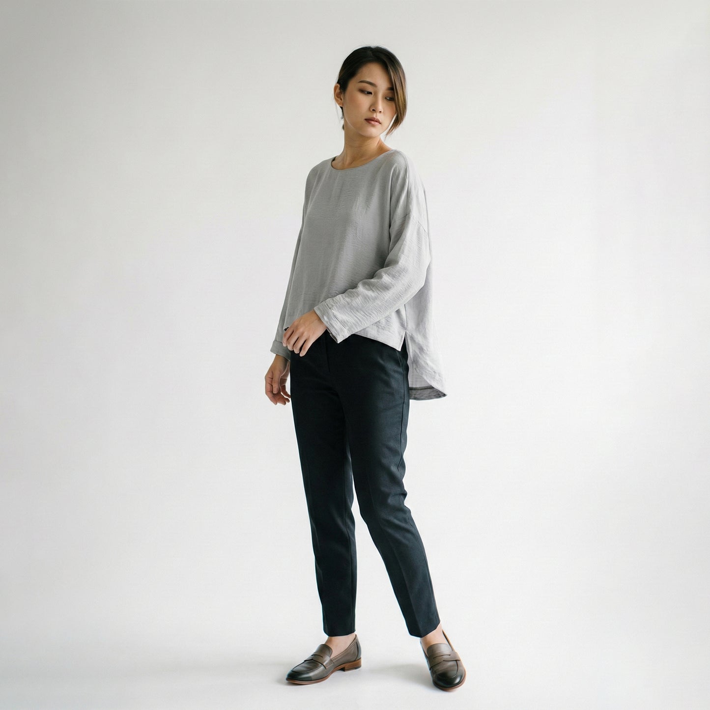 Long Sleeve Cropped T-Shirt with Slit and Back Teardrop Collar