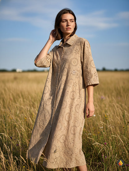 Openwork Shirt Dress with English Embroidery, 3/4 Sleeves, 100% Cotton