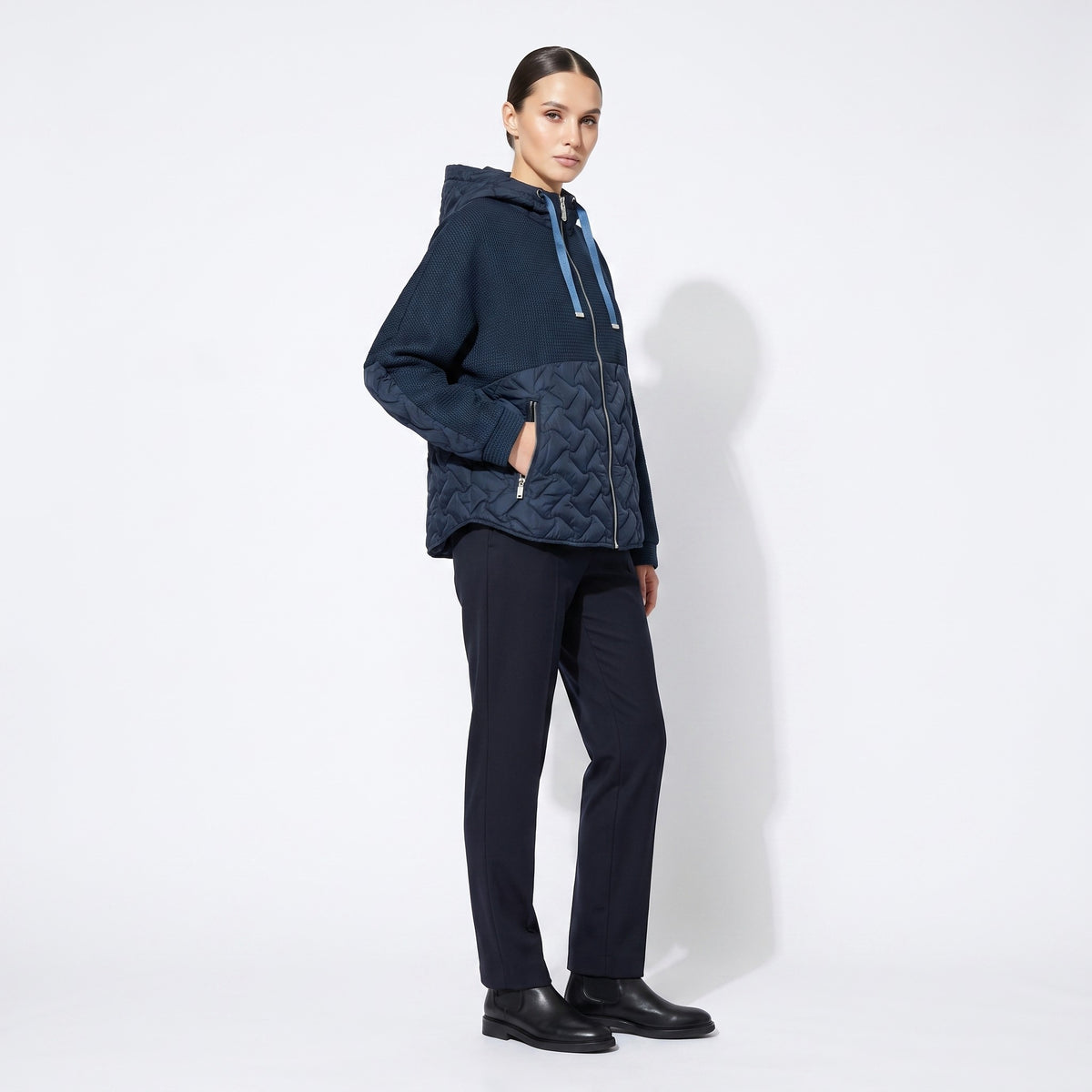 Veste Large Zippée Bi-Matière Matelassé À Capuche Taillé S-M-L