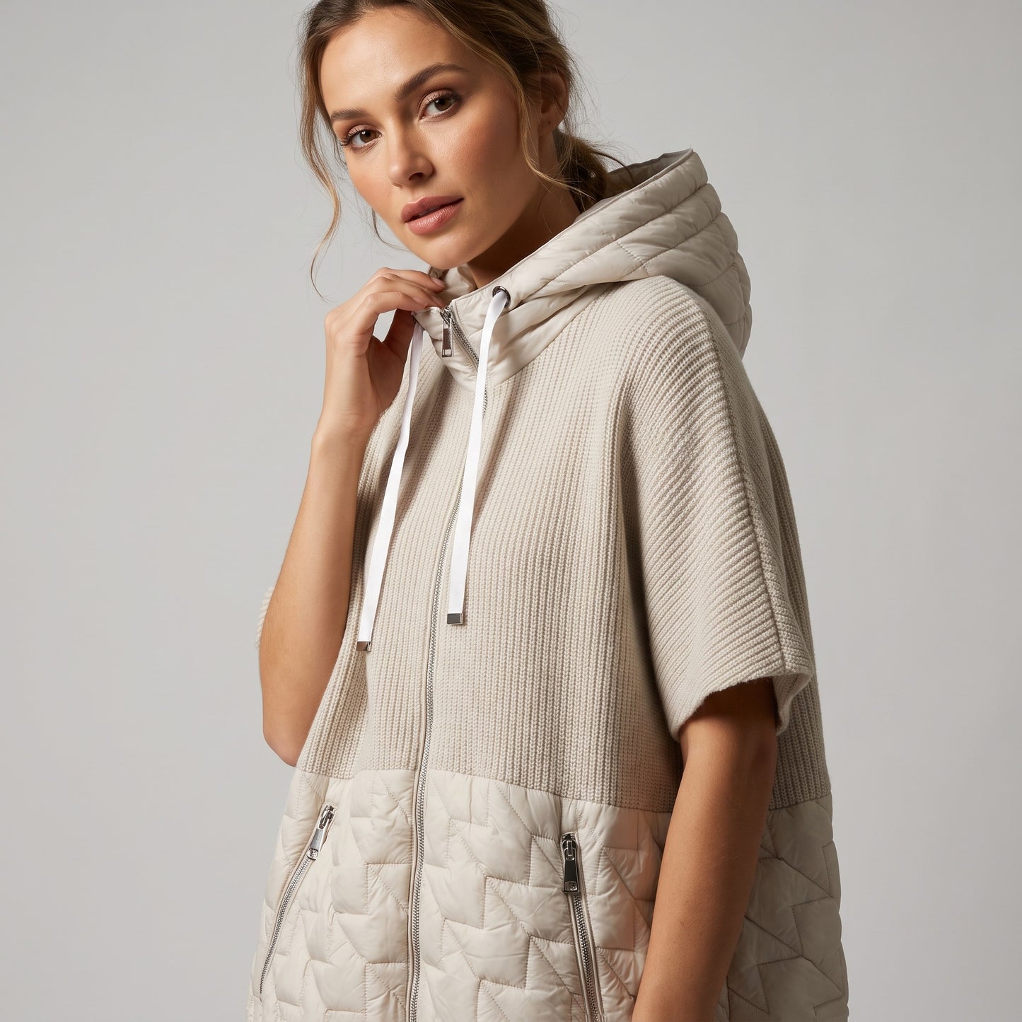 Veste Zippée Bi-Matière Matelassée Maille Côtelée À Capuche Poches Zippée Taillé S-M-L
