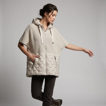 Veste Zippée Bi-Matière Matelassée Maille Côtelée À Capuche Poches Zippée Taillé S-M-L