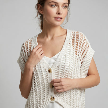 Gilet Sans Manche En Maille Ajouré Boutonné 65% Coton