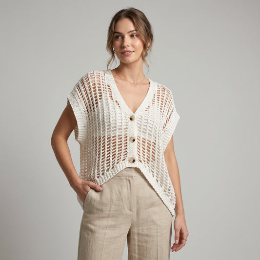 Gilet Sans Manche En Maille Ajouré Boutonné 65% Coton
