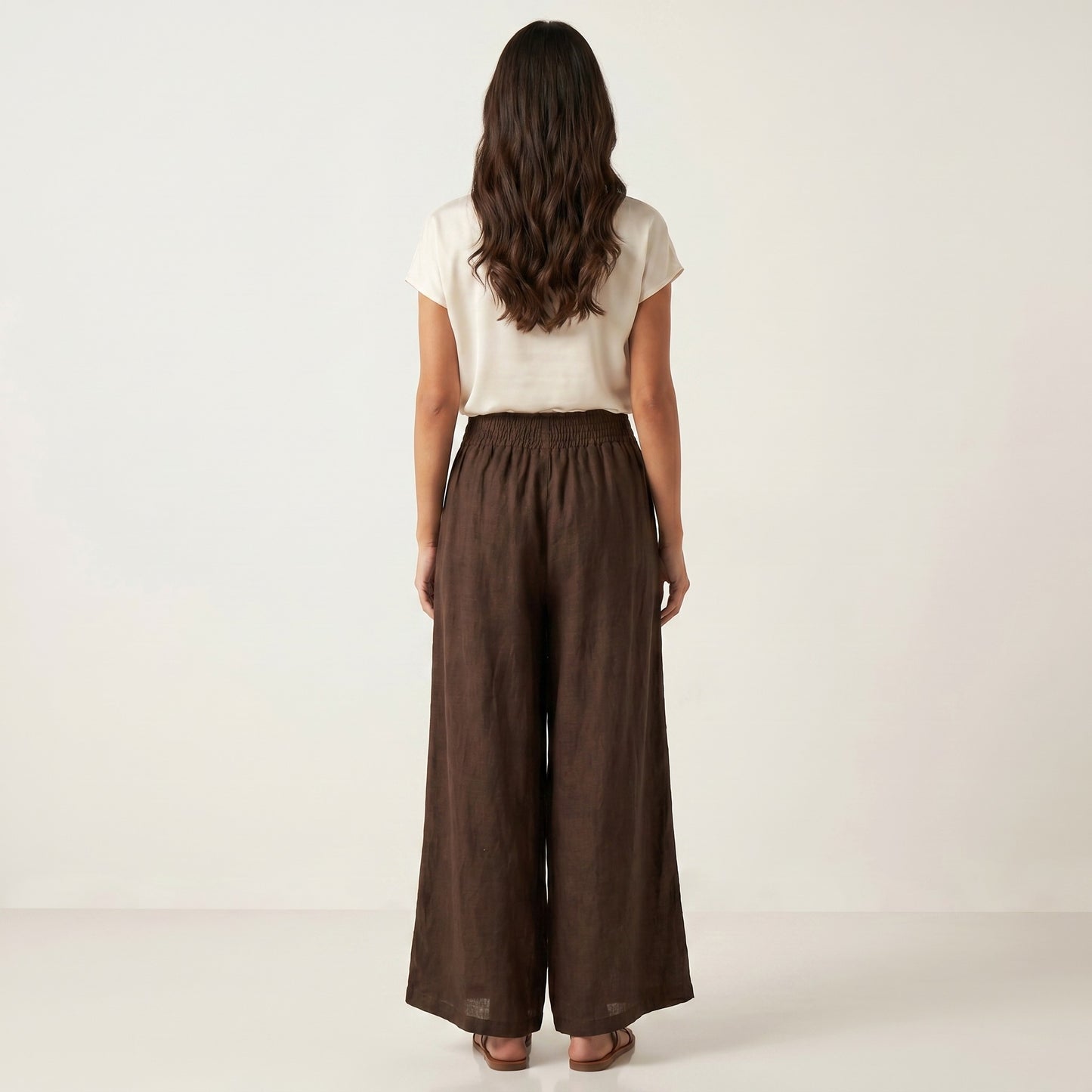 Pantalon Large Taille Élastique à Fleur Décorative 100% Lin