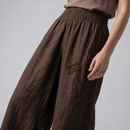 Pantalon Large Taille Élastique à Fleur Décorative 100% Lin