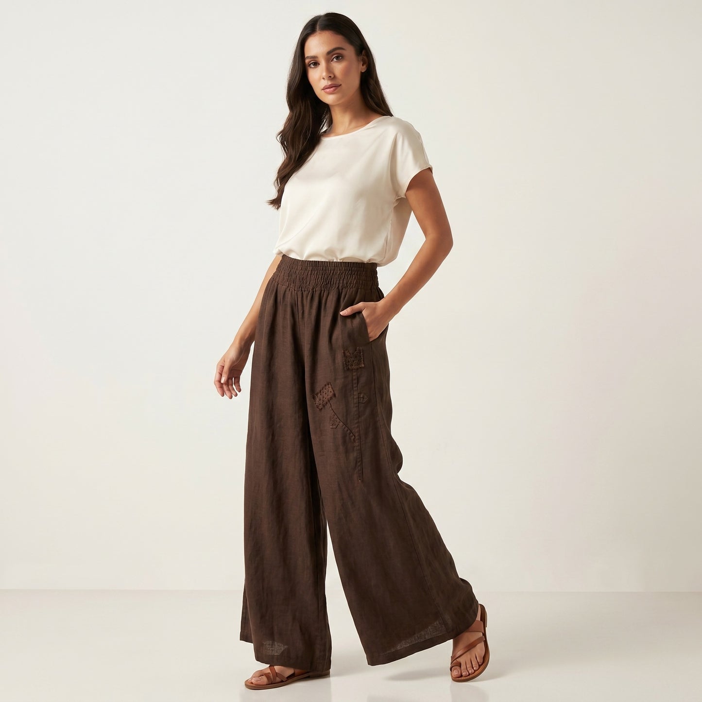 Pantalon Large Taille Élastique à Fleur Décorative 100% Lin