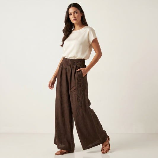 Pantalon Large Taille Élastique à Fleur Décorative 100% Lin