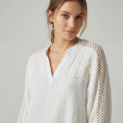 Chemisier Large Col V Maille Large Gaze De Coton 85% Tencel