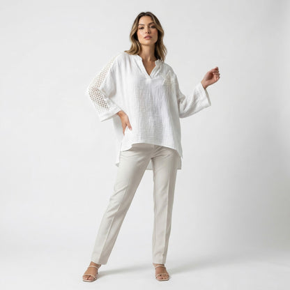 Chemisier Large Col V Maille Large Gaze De Coton 85% Tencel