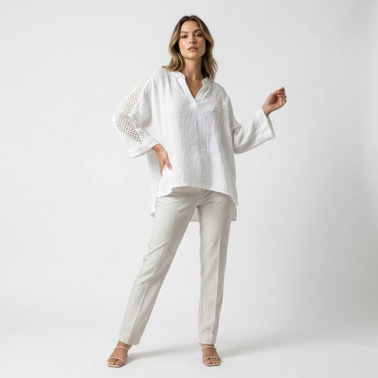 Chemisier Large Col V Maille Large Gaze De Coton 85% Tencel