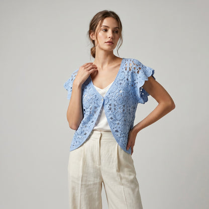 Gilet Court Manche Courte Col V Maille Ajouré Motif Floral