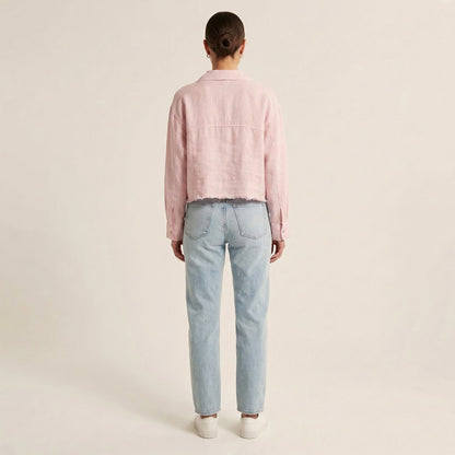 Chemise Cropped Effiloché à Poches Poitrines 100% Lin