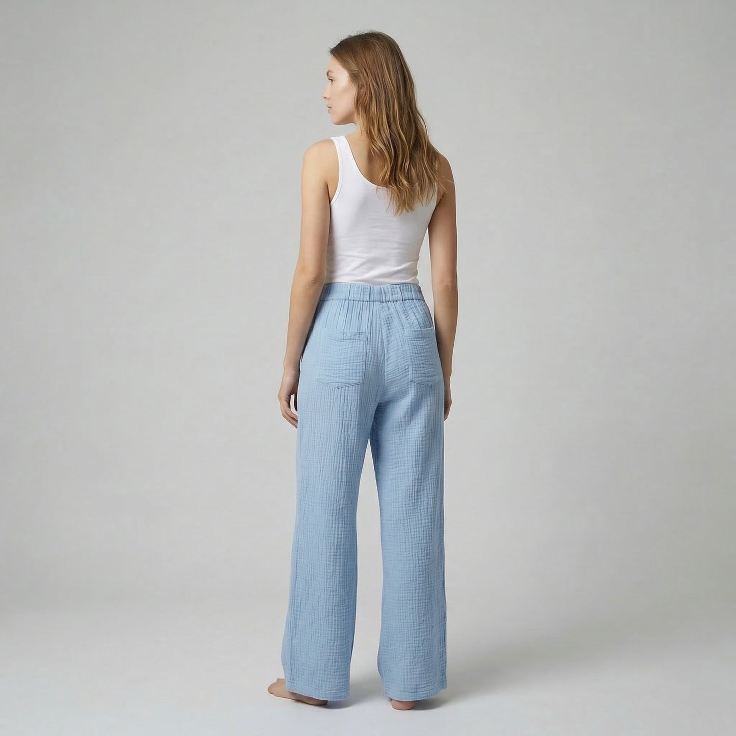 Pantalon Large Taille Élastique à Poches Gaze De Coton 85% Tencel