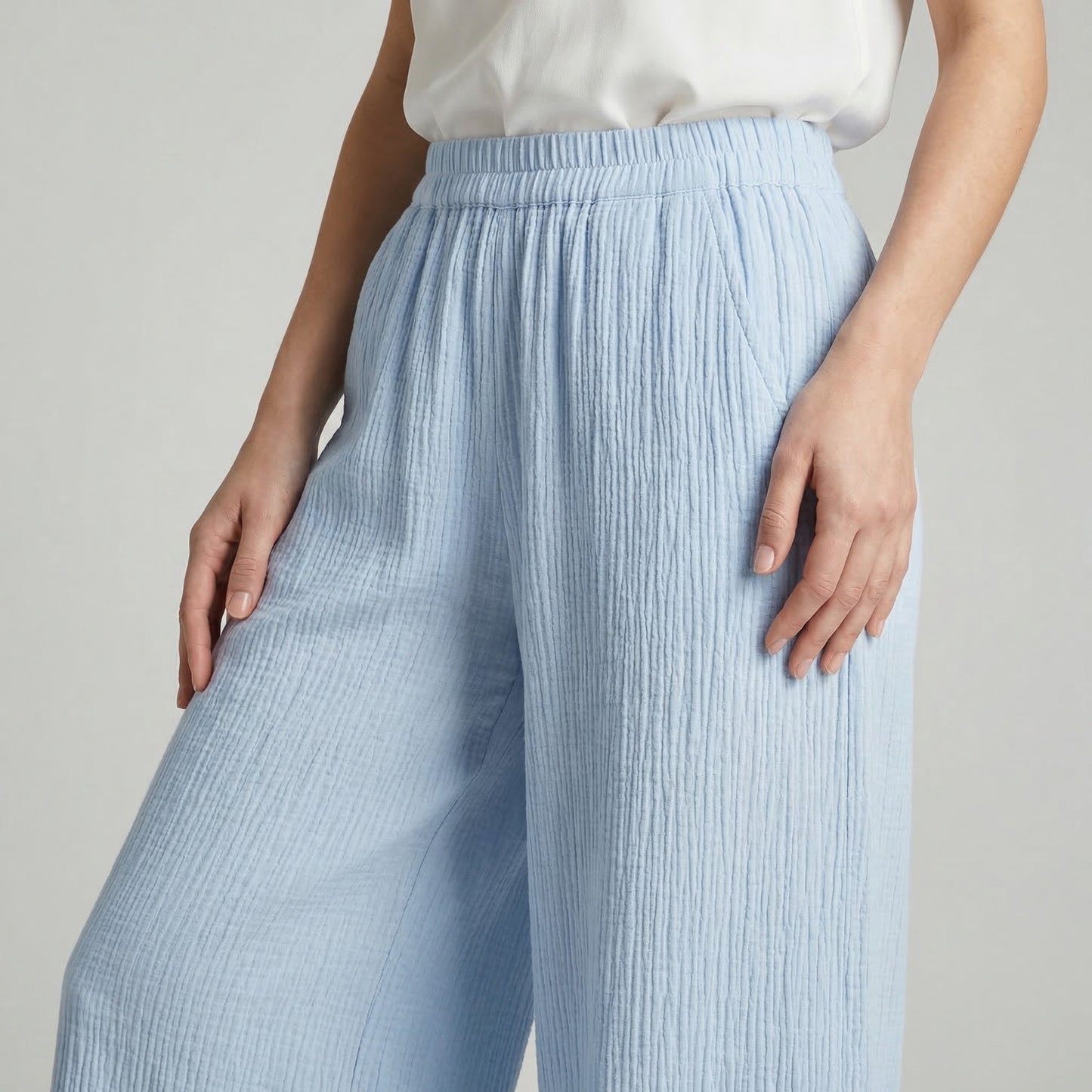 Pantalon Large Taille Élastique à Poches Gaze De Coton 85% Tencel