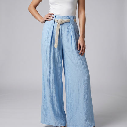 Pantalon Large Plissé à Ceinture Tressée 100% Viscose