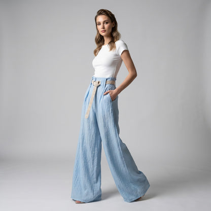 Pantalon Large Plissé à Ceinture Tressée 100% Viscose