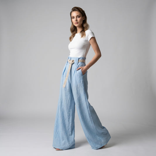Pantalon Large Plissé à Ceinture Tressée 100% Viscose