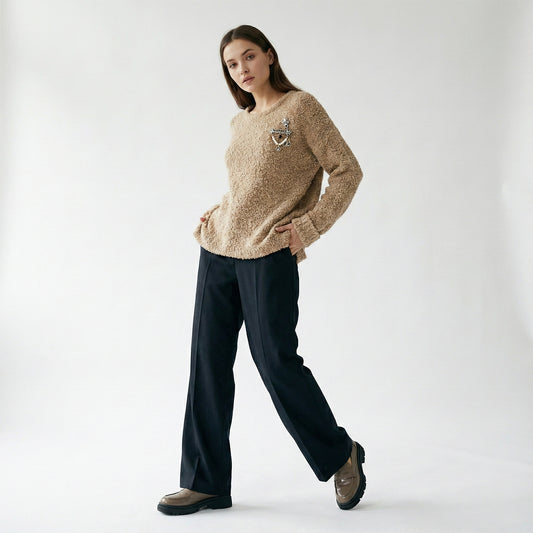 Pull Moumoute Large Manches Ourlet Pins Décoratifs