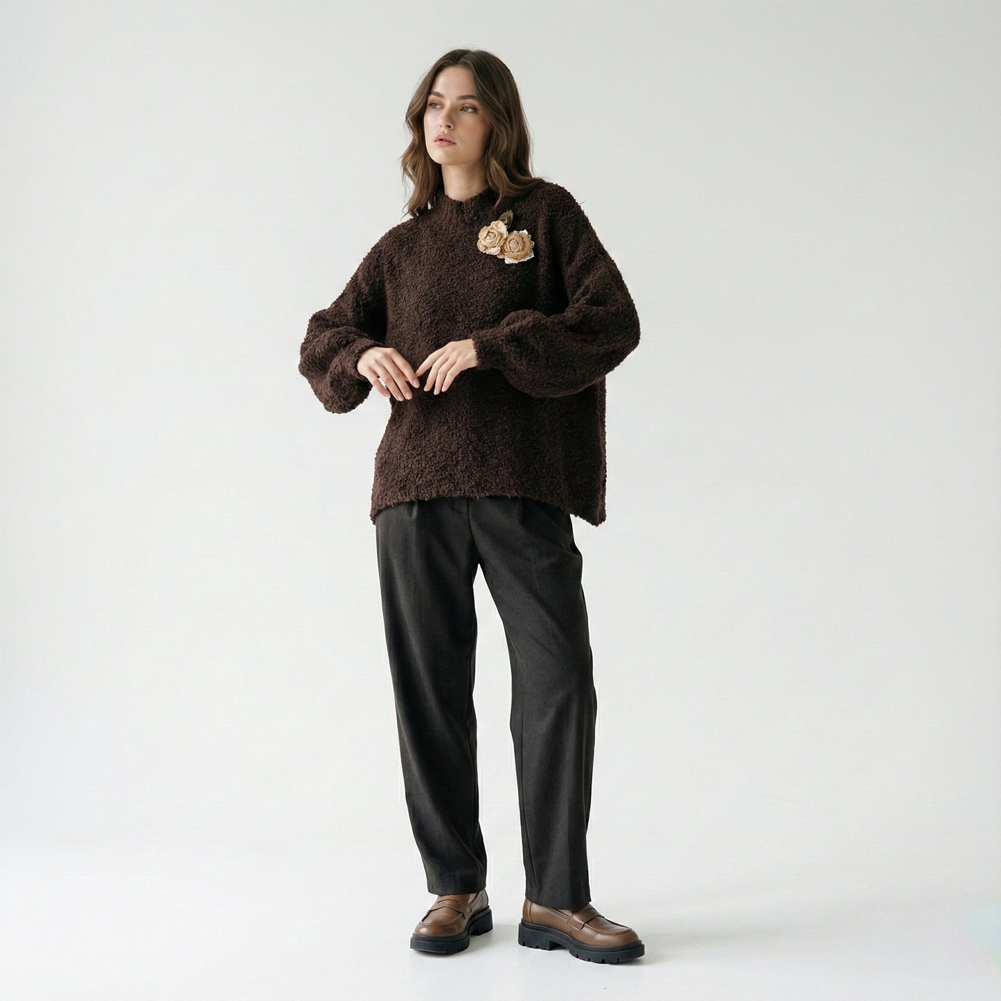 Pull Moumoute Large Manche Ballon Pins Fleurs