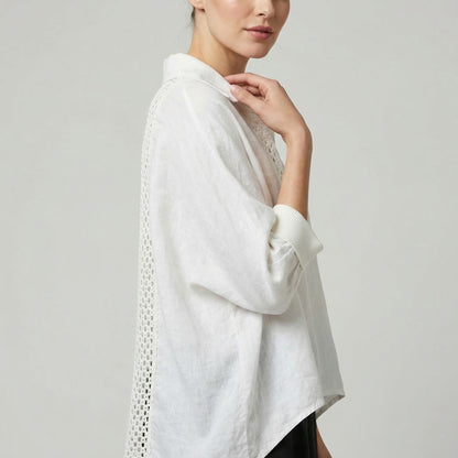 Chemisier Large Col V Manche Chauve Souris Bouffante 100% Lin