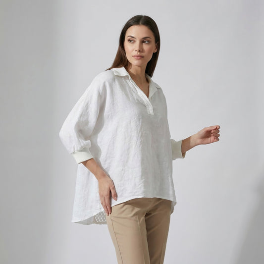 Chemisier Large Col V Manche Chauve Souris Bouffante 100% Lin