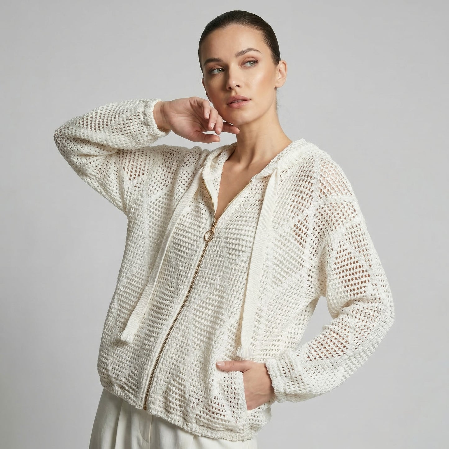 Sweat Capuche Maille Large Motif Losange à Lurex 90% Viscose